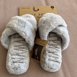 RAE DUNN Women's Large 5-6 SMALL Fluffy Soft Namaste Hard Sole Slippers Slides